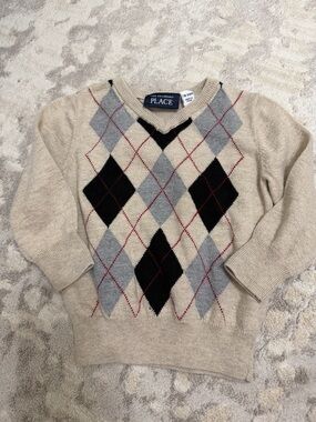 The Children's Place Beige Argyle Sweater with Black, Gray & Red Accents